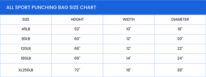 ALL SPORT PUNCHING BAG SIZE CHART