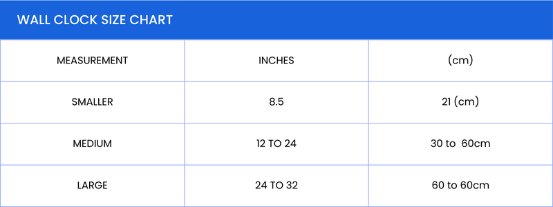 WALL CLOCK SIZE CHART